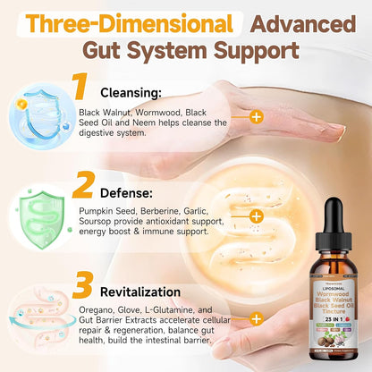 Wormwood Black Walnut Clove Cleanse Drops with Black Seed Oil, Pumpkin Seed, Oregano, Soursop, Neem, Berberine, Garlic, Rapid Gut Detox, Digestive & Gut Barrier Health, 23-in-1 with Liposomal, 2FL