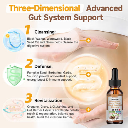 Wormwood Black Walnut Clove Cleanse Drops with Black Seed Oil, Pumpkin Seed, Oregano, Soursop, Neem, Berberine, Garlic, Rapid Gut Detox, Digestive & Gut Barrier Health, 23-in-1 with Liposomal, 2FL