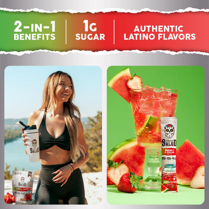 Salud 2-Pack |2-in-1 Energy + Focus (Cucumber Lime) & Energy + Focus (Strawberry Watermelon) – 15 Servings Each, Agua Fresca Drink Mix, Non-GMO, Gluten Free, Vegan, Low Calorie, 1g of Sugar
