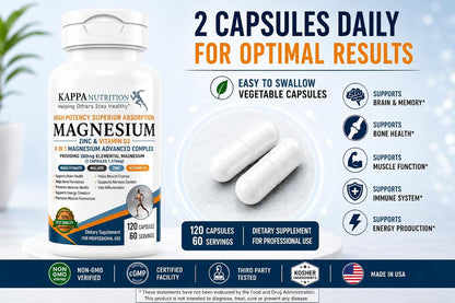Kappa Nutrition Magnesium 4-in-1, 280mg Elemental Magnesium (Bisglycinate, Malate) + Zinc & Vitamin D3, Brain, Sleep, Energy, Muscle, Immune Support, 120 Vegan Capsules.