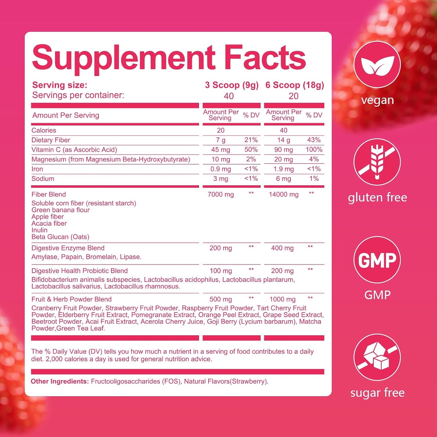 Migcopat Superfood Fiber Powder with Probiotics, Prebiotics, Digestive Enzymes, Vitamin C, Inulin, Magnesium, 14G Fiber Supplement for Digestive Support & Skin Health, Strawberry, 40 Serv.