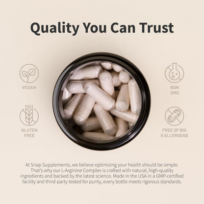 Snap Supplements L-Arginine, L-Citrulline & 3 Forms of L-Arginine, 60 Count | Support Healthy Circulation, Nitric Oxide & Exercise Performance, Vegan, Gluten-Free, Non-GMO, 30-Day Supply