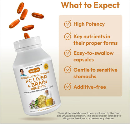 Andrew Lessman ProCaps PC Liver & Brain Benefits 360 Softgels | Phosphatidyl Choline with Ahiflower Oil supports acetylcholine production, memory, focus & healthy liver function.