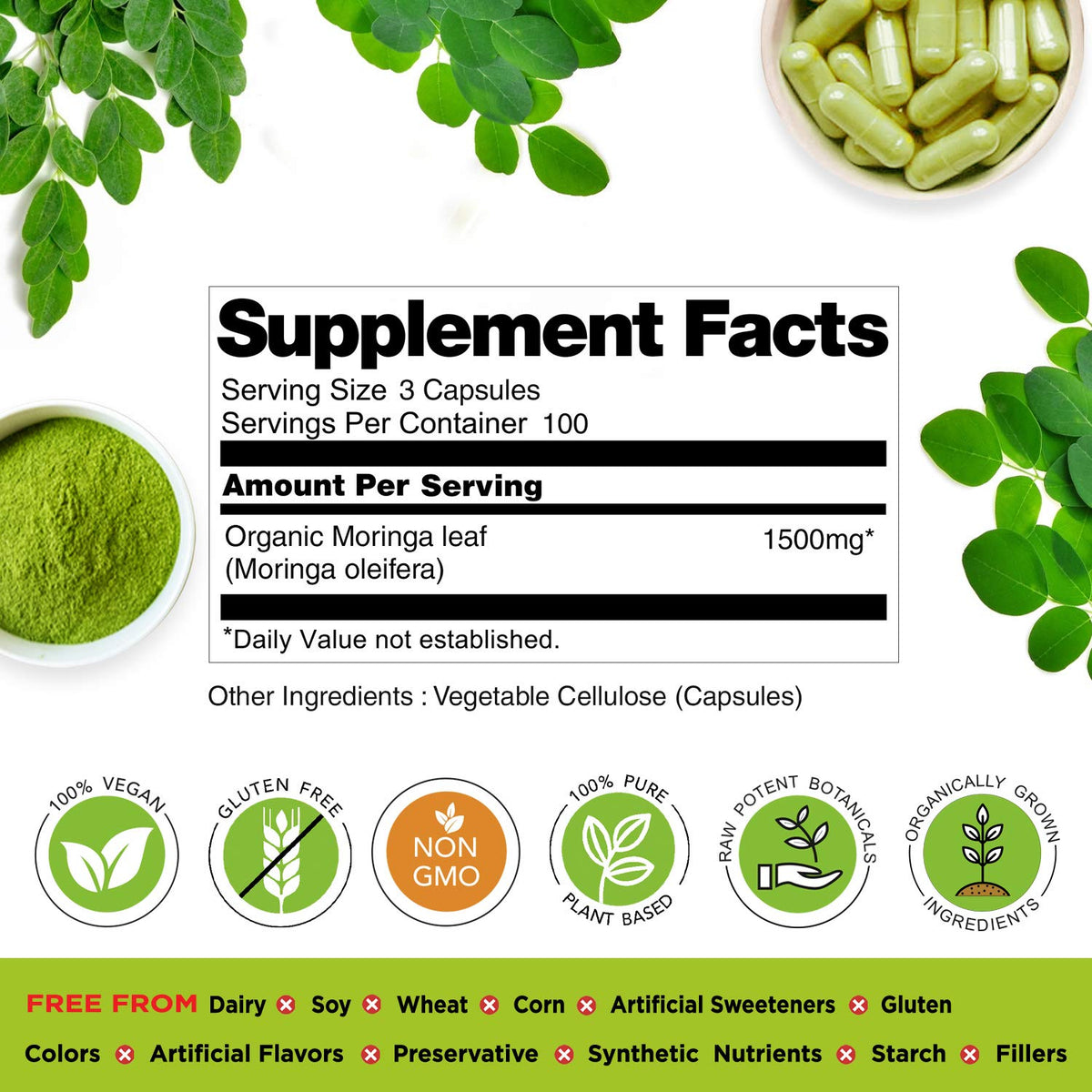 Organic Veda Moringa Leaf Capsules 1500mg, 300 Count - Pure Raw Moringa Oleifera