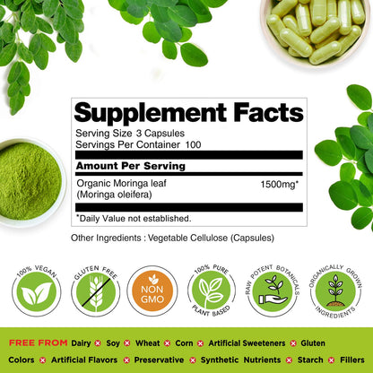 Organic Veda Moringa Leaf Capsules 1500mg, 300 Count - Pure Raw Moringa Oleifera