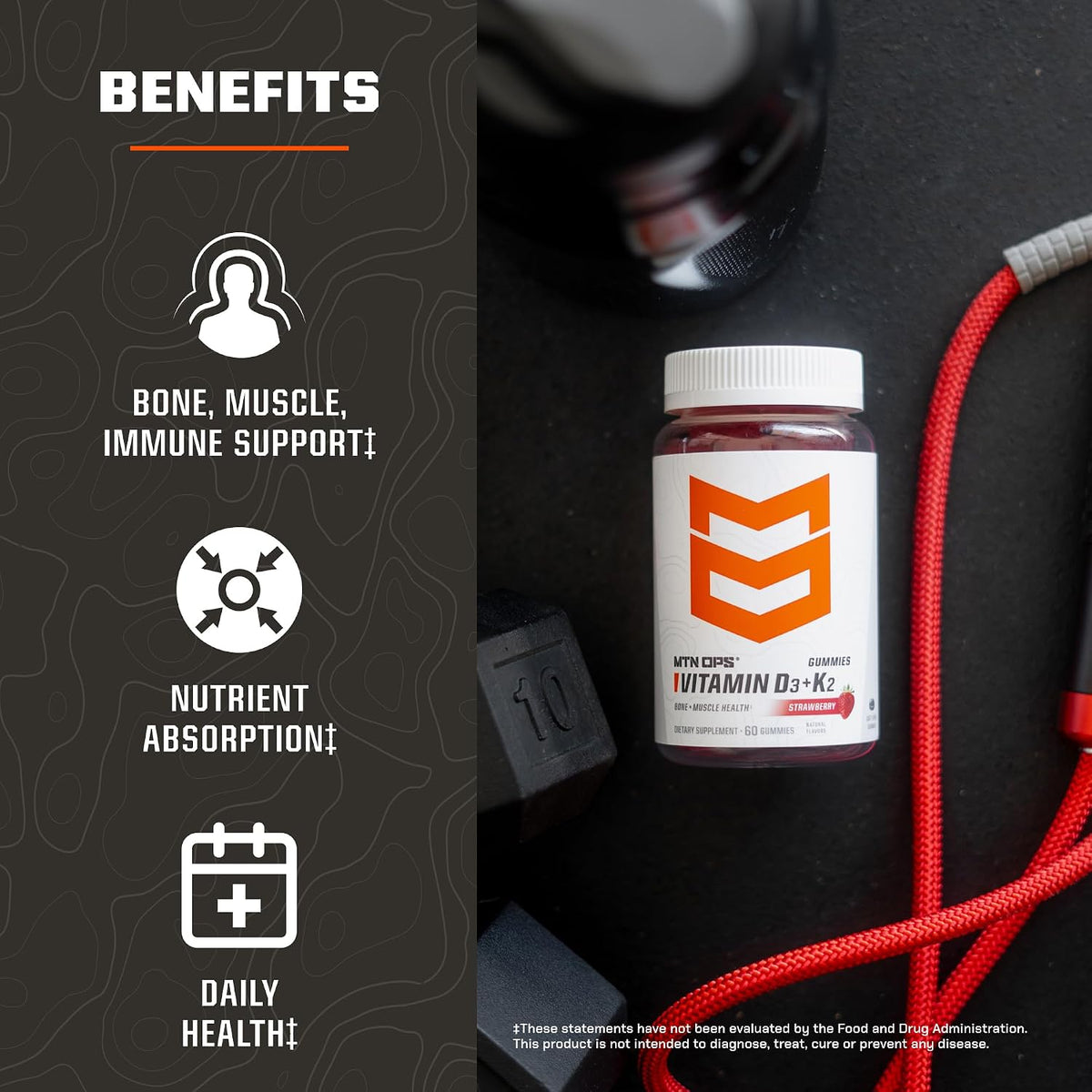 MTN OPS Vitamin D3 + K2 Gummies with MK7, Strawberry