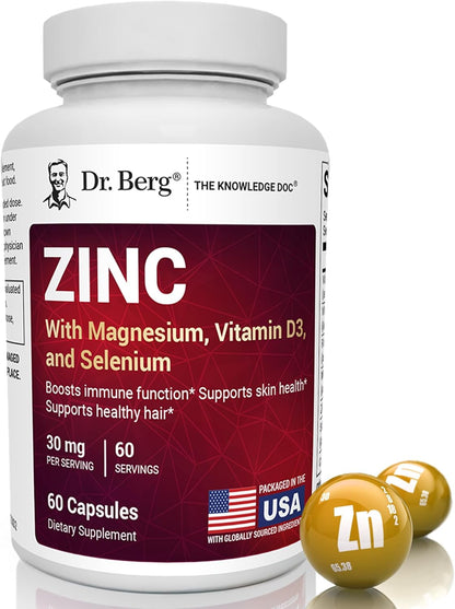 Dr. Berg Zinc 30 mg (60 Capsules) – High Potency 7-in-1 Immune Support Formula – Chelated Zinc with Vitamin D & Selenium for Healthy Skin, Hair & Daily Wellness – No Fillers, 4X Tested*