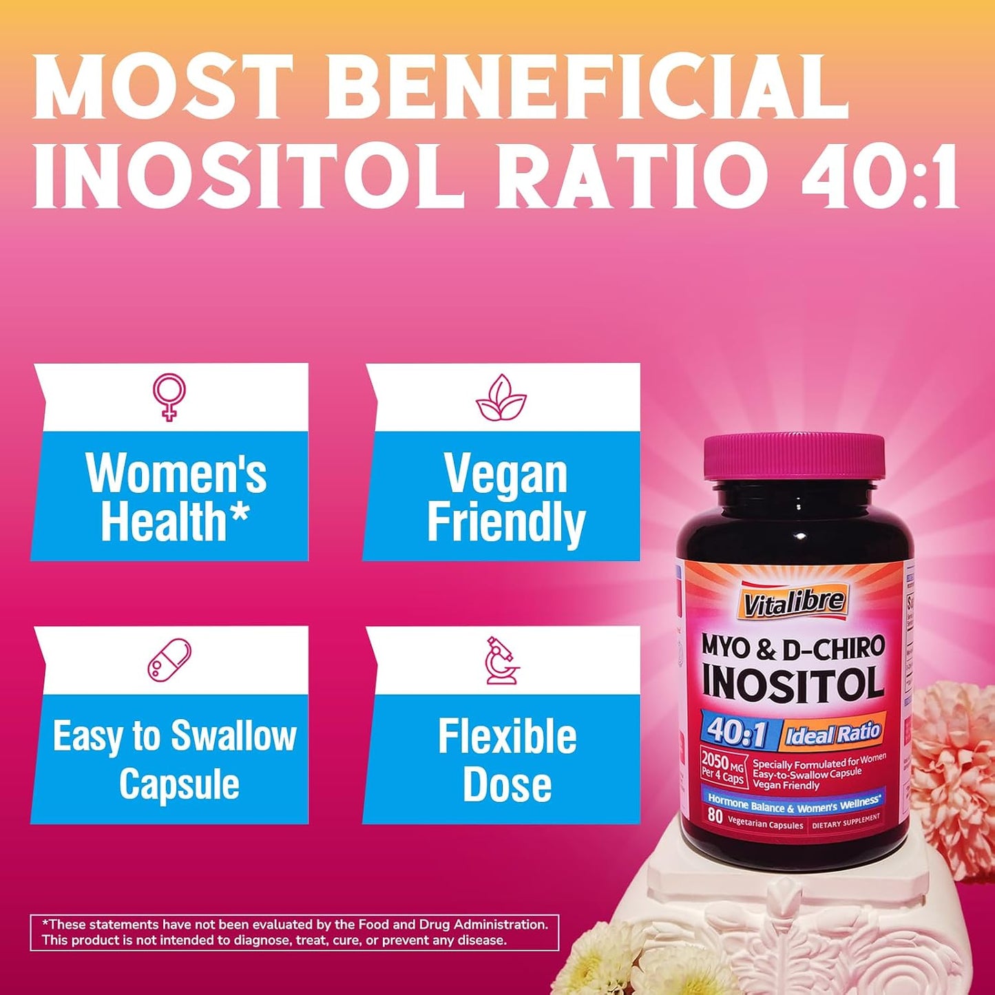 Vitalibre Inositol Supplement, Myo-Inositol & D-Chiro Inositol Supplements for Women, 40:1 Ideal Ratio, Hormone Balance and Women’s Wellness, 80 Vegan Capsules