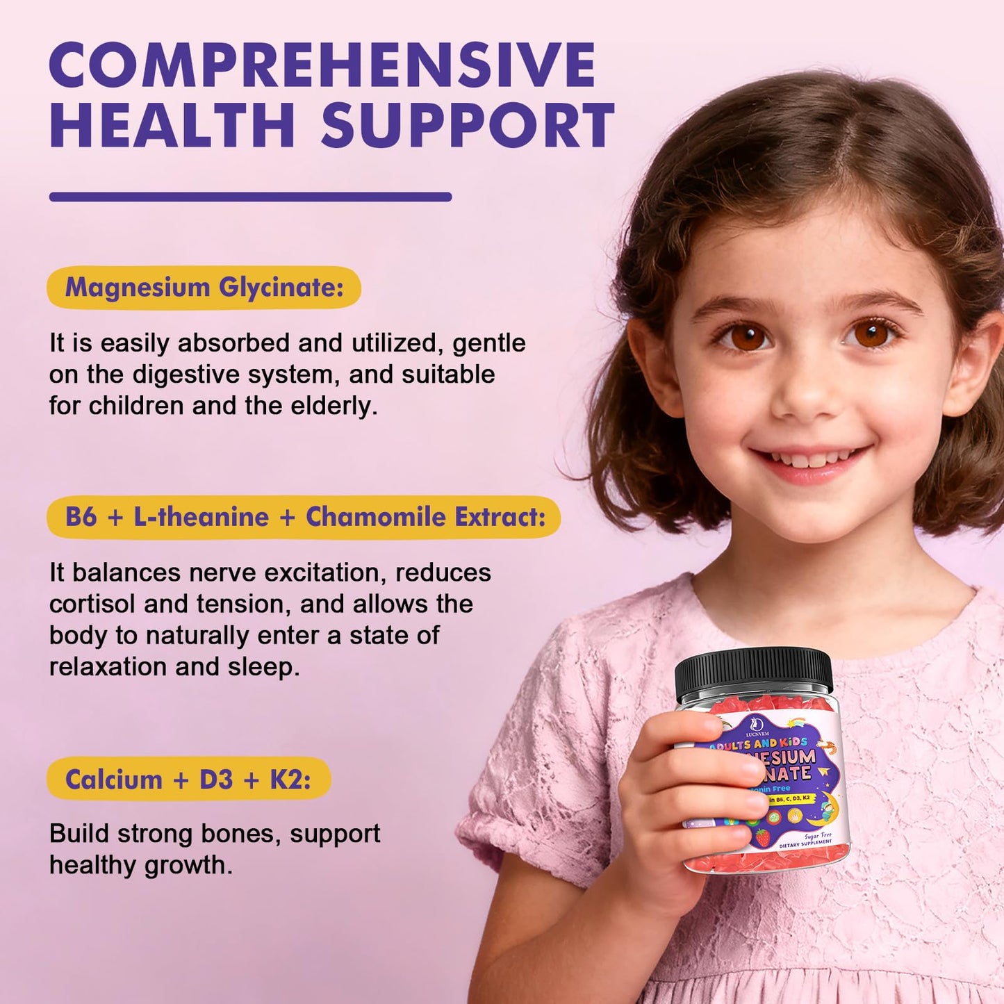 Magnesium Glycinate Gummies for Kids 4+ & Adults- Magnesium Glycinate 150/300 mg for Natural Sleep, Relaxation & Calm Support, Melatonin Free, Sugar Free Strawberry Flavor, 60 Ct