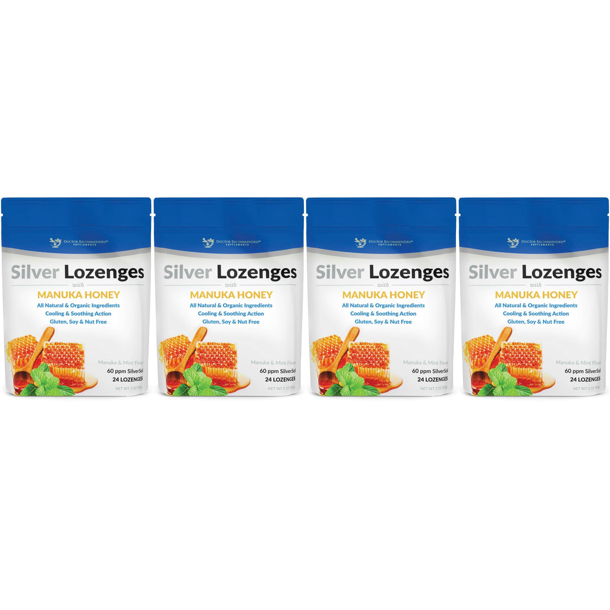 Silver Lozenges with Organic Manuka Honey and Vitamin C - All-Natural Nano Silver 45-50mcg of 60 PPM Colloidal Silver Mineral Drops to Support Immune System, Soothe, Cool Cough & Throat, 24-Lozenges