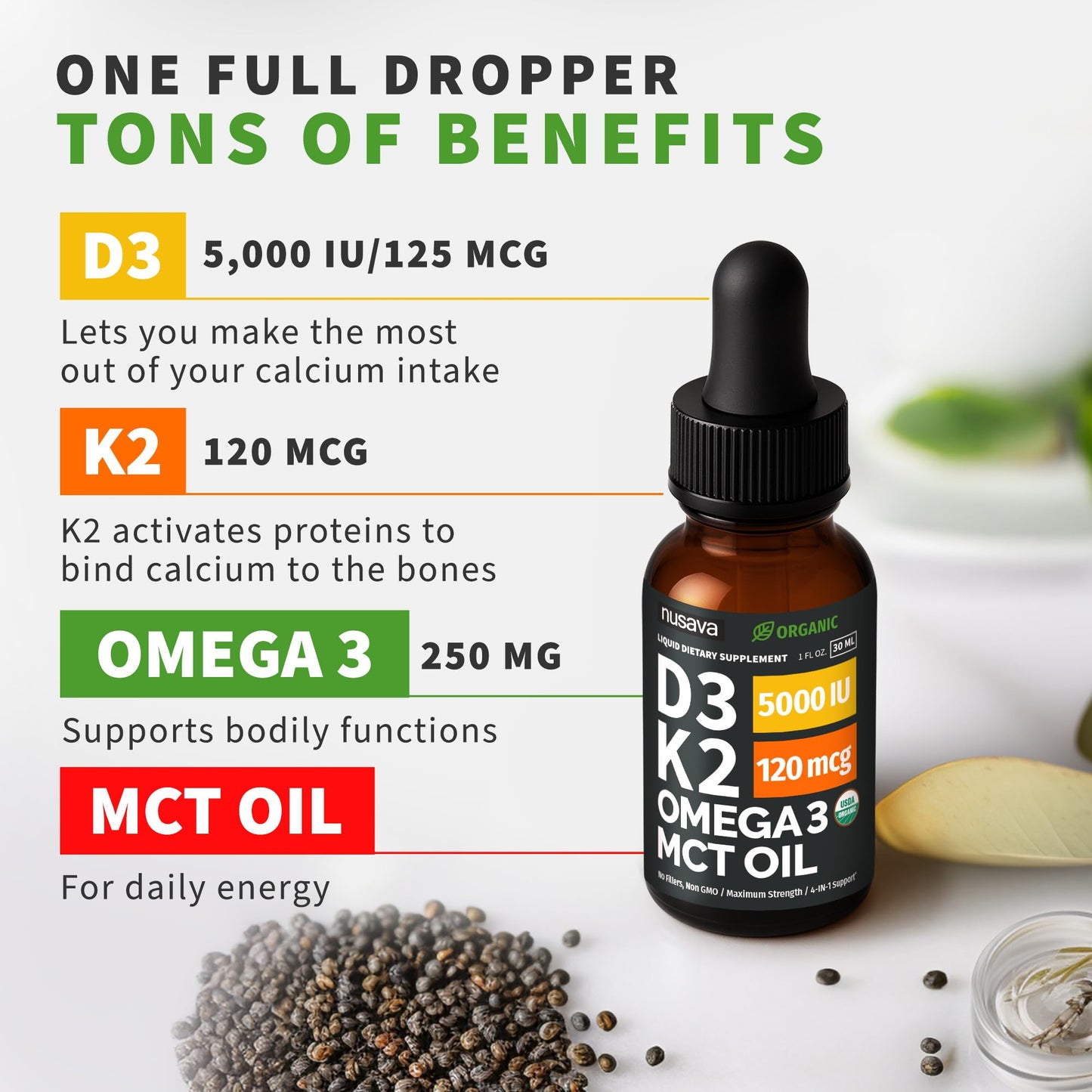 (2 Pack) Organic Vitamin D3 K2 Drops with MCT Oil & Omega 3 - Liquid Vitamin D3 5000 IU - K2 D3 Vitamin Supplement - Vitamin D Drops for Women & Men - No Fillers, Non-GMO, GMP, Unflavored (2 Fl Oz)