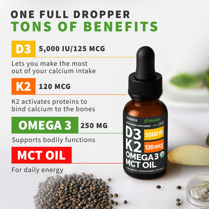 (2 Pack) Organic Vitamin D3 K2 Drops with MCT Oil & Omega 3 - Liquid Vitamin D3 5000 IU - K2 D3 Vitamin Supplement - Vitamin D Drops for Women & Men - No Fillers, Non-GMO, GMP, Unflavored (2 Fl Oz)