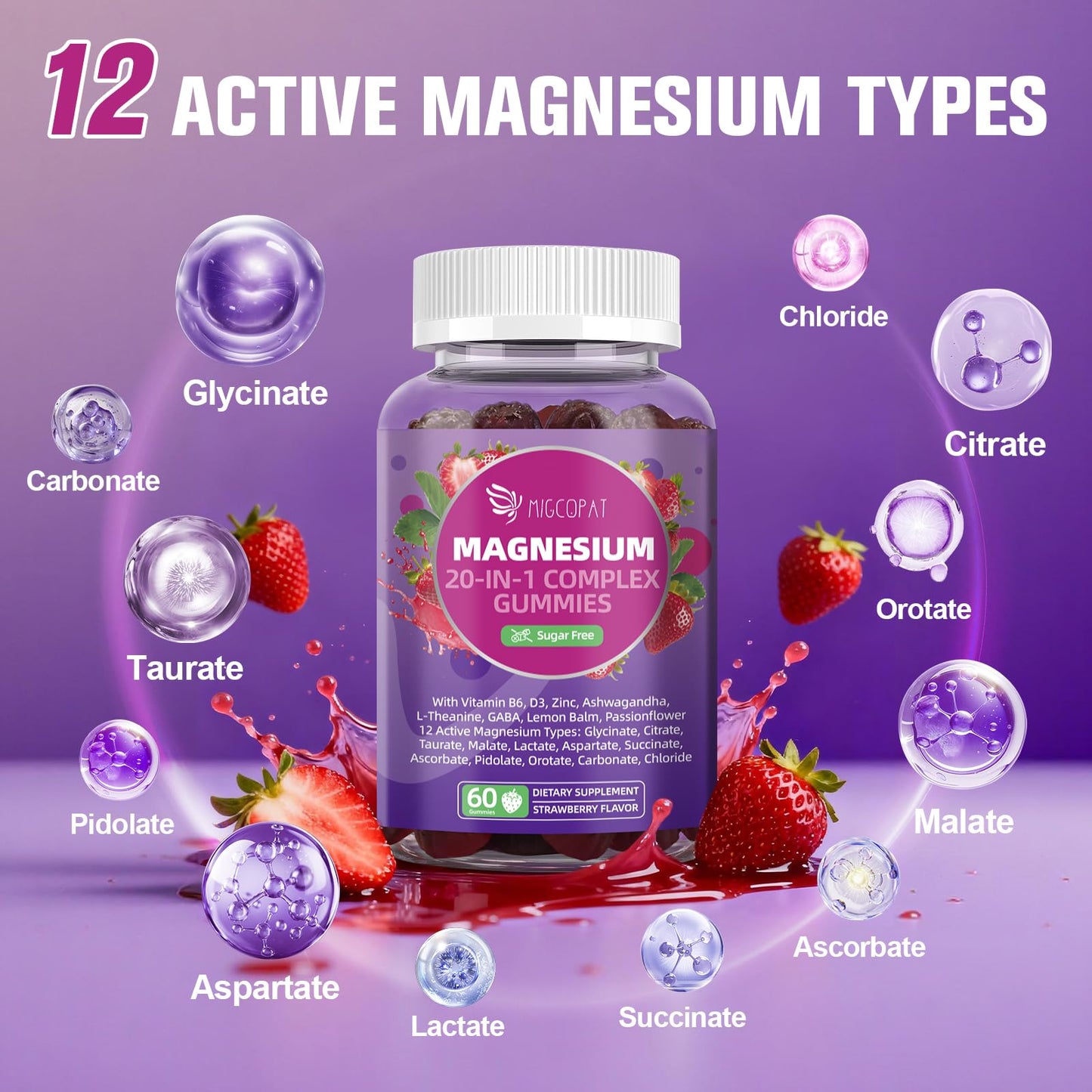 Migcopat Magnesium Complex 20 in 1 Magnesium Gummies with Glycinate Citrate Malate Taurate - Ashwagandha, L-Theanine, D3&Zinc for Relaxation, Sleep, Muscle&Heart Support, Strawberry, 60 Cts