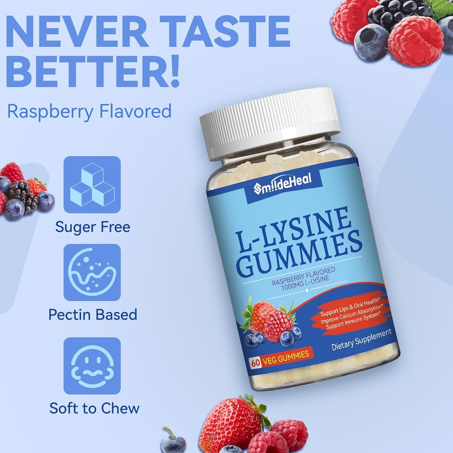 2 Pack L-Lysine 1000mg Gummies, Chewable Lysine Supplement for Adults | Lysine Gummies for Immune Support, Collagen Formation Support*, Vegan, Gluten Free - 120 Counts