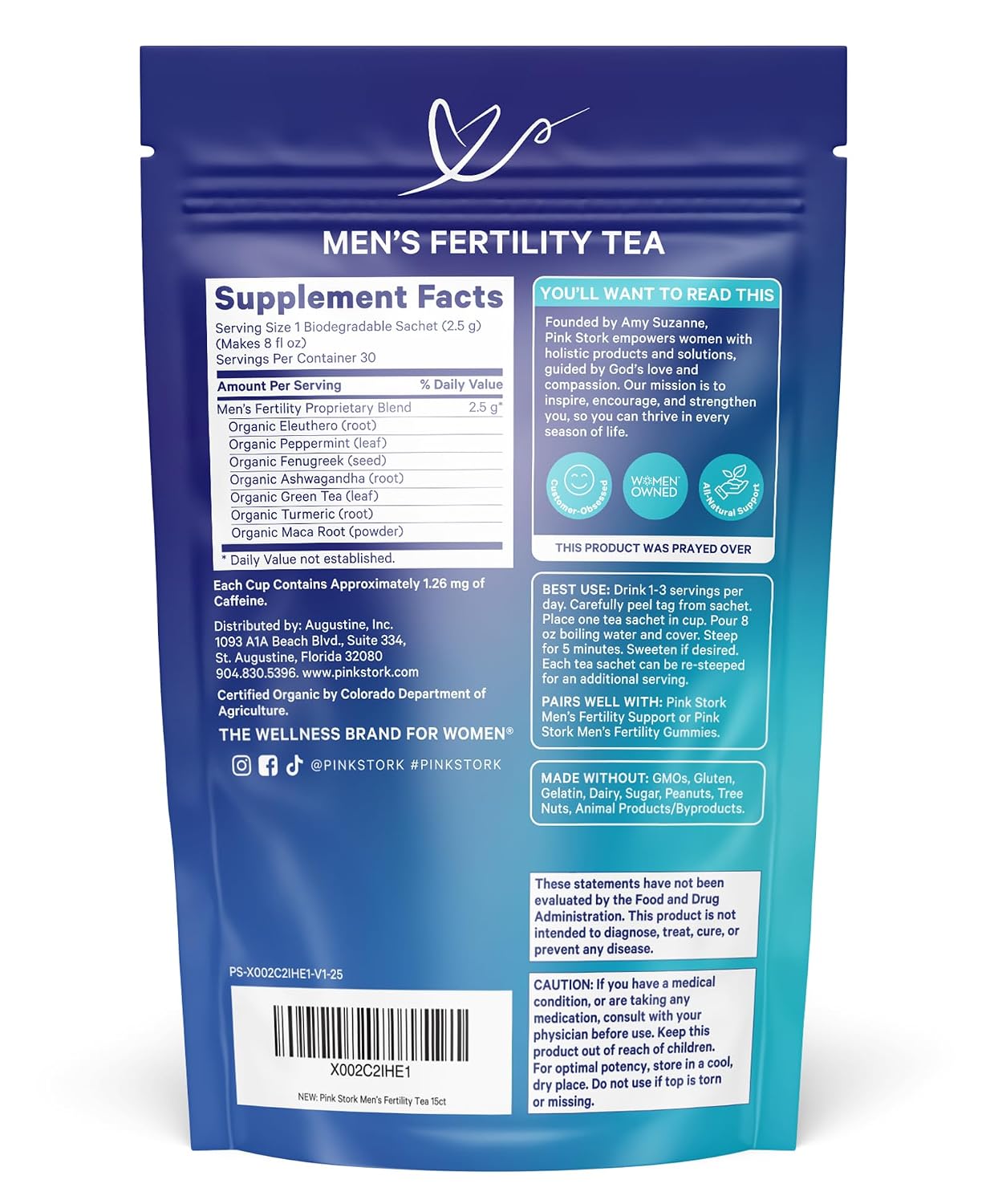 BlueStork Organic Fertility Tea for Men, Mint, 15 Sachets | Organic Fertility Supplements for Men - Green Tea, Maca Root, and Ginkgo Biloba - Male Reproductive Health