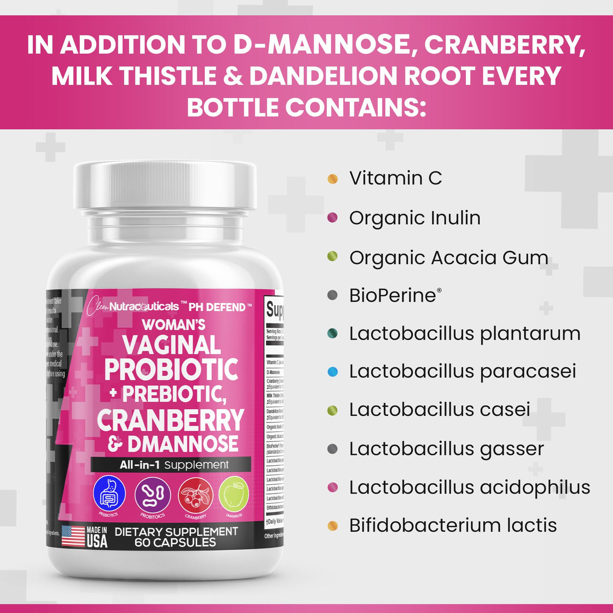 Vaginal Probiotics For Women + Prebiotics 20 Billion Cranberry Pills 30,000mg w/ D-Manno
