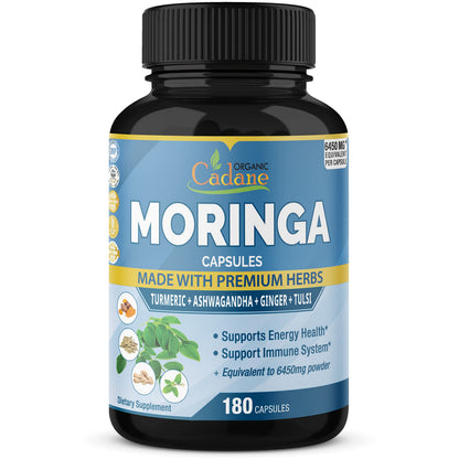 Organic Moringa Extract Capsules 6450mg, 6 Months Supply with Ashwagandha Root