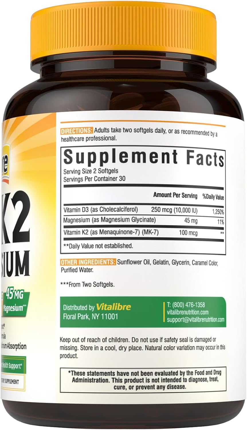 Vitalibre Vitamin D3 K2 10000 IU + Magnesium Glycinate, 60 Mini Softgels | High Absorption D3 K2 Vitamin 10000 IU for Bone, Teeth, Immune & Energy Support, Non-GMO, Easy to Swallow