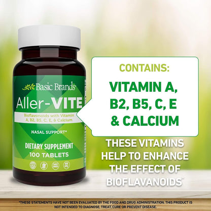 Basic Brands Aller Vite Nasal Support Tablets, 100 Tablets | Seasonal Allergy Relief, High Bioflavonoid Complex with Vitamins and Calcium, Gluten Free, Daily Supplement