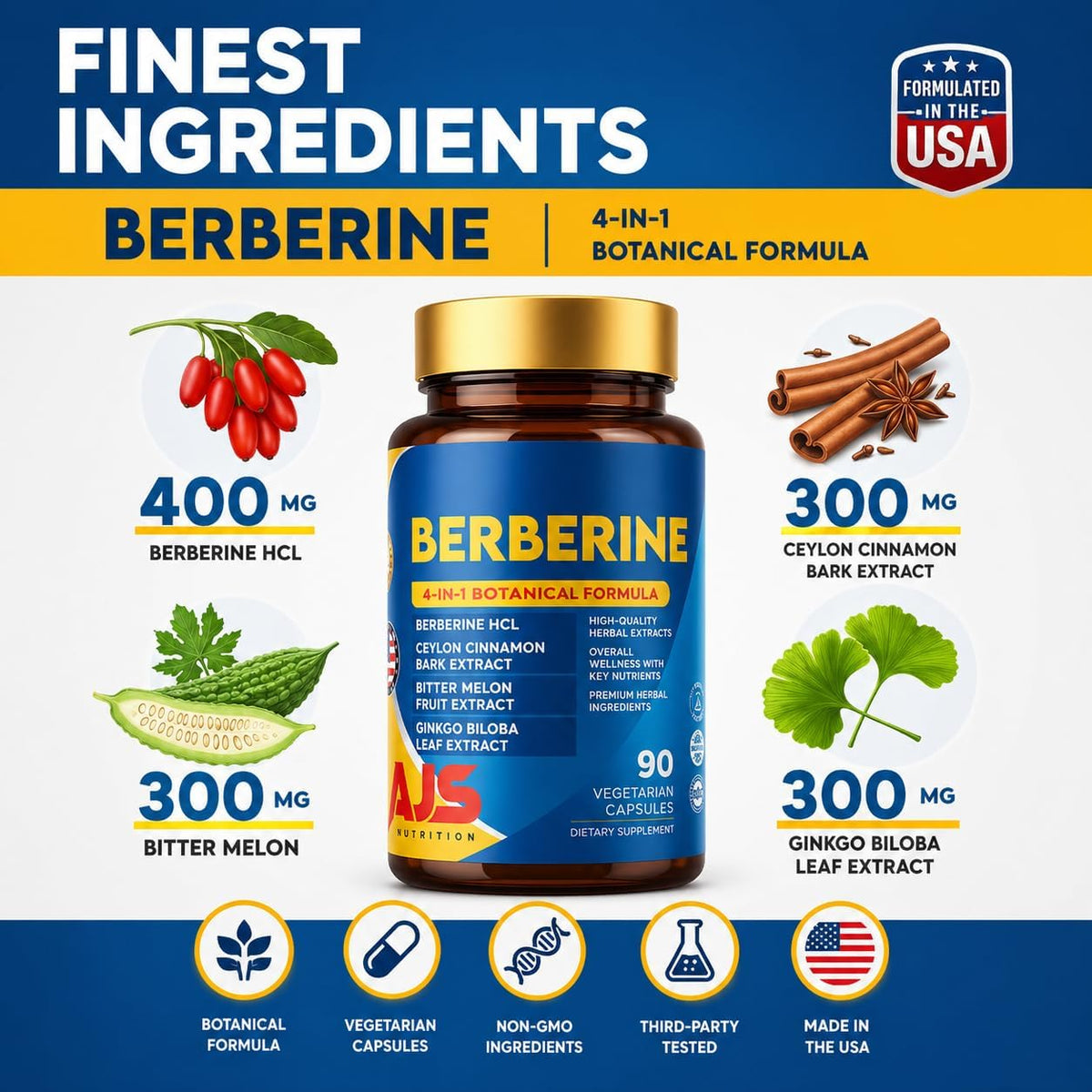 AJS Berberine HCl Supplement with Ceylon Cinnamon Bark, Bitter Melon Fruit