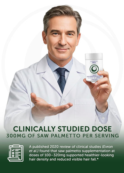 Lunakai USA Made Hair Vitamins for Men - 19 Nutrient with Marine Collagen, Saw Palmetto & Keratin - Daily Hair Loss & Regrowth Support - 90 Capsules