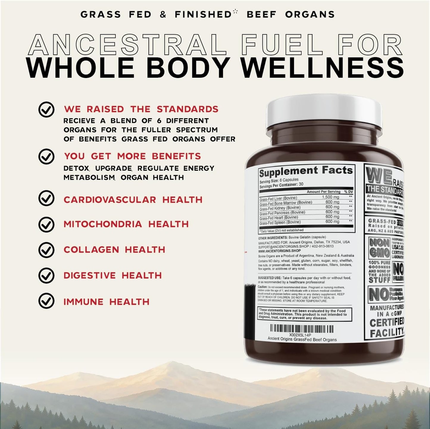 Ancient Origins Grass Fed Beef Organs Supplement 4500 mg - Desiccated Liver, Bone Marrow, Heart, Spleen, Pancreas & Kidney, Non-GMO, Gluten Free, Undefatted (180 Capsules, 750mg Each)
