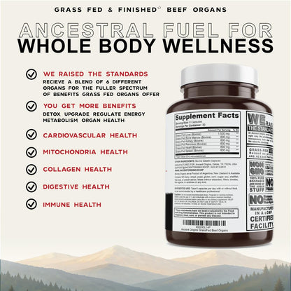Ancient Origins Grass Fed Beef Organs Supplement 4500 mg - Desiccated Liver, Bone Marrow, Heart, Spleen, Pancreas & Kidney, Non-GMO, Gluten Free, Undefatted (180 Capsules, 750mg Each)