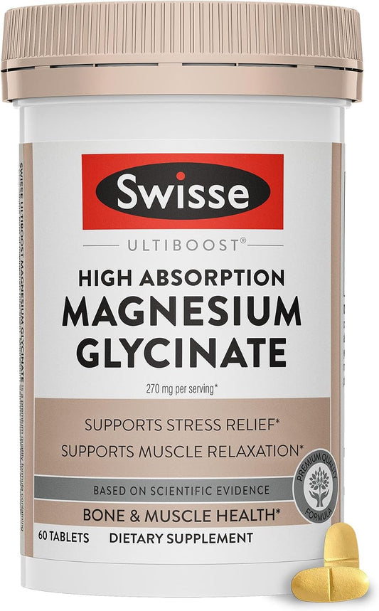 Swisse Magnesium Glycinate 270mg Per Serving, High Absorption Magnesium Glycinate Supplement, Supports Stress Relief, Muscle Relaxation & Bone Health, Gentle on Stomach, 60 Tablets
