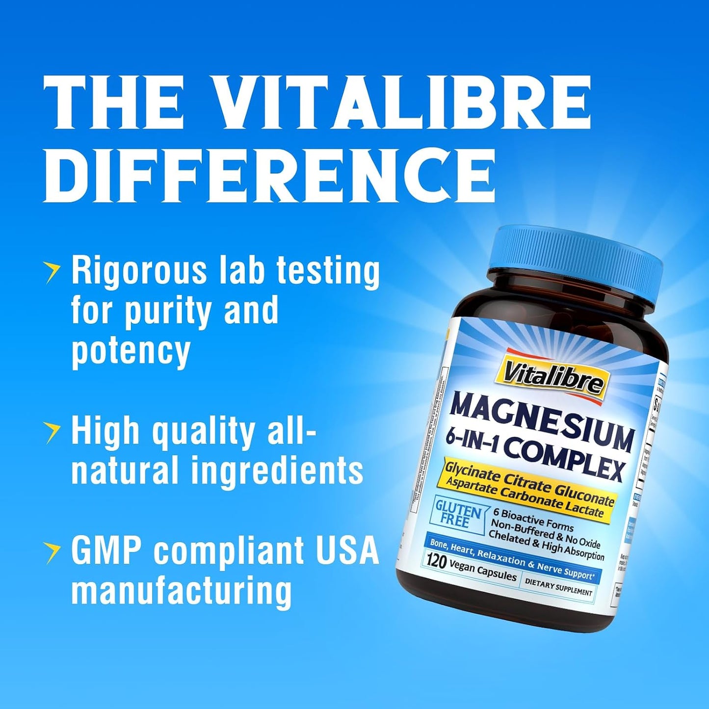 Vitalibre 6 in 1 Magnesium Complex for Women Men, 260mg Elemental Magnesium | Max Absorption | Chelated Magnesium Supplement for Bone, Relaxation & Nerves Support | Non-GMO, 120 Vegan Capsules