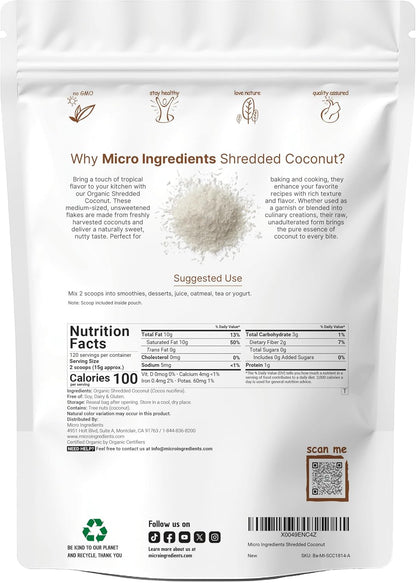 Organic Shredded Coconut Flakes, 4lbs | Raw Unsweetened Flavor, Medium Sized | Great for Baking, Smoothies, or Garnish | Non-GMO, Sugar Free, Keto Friendly