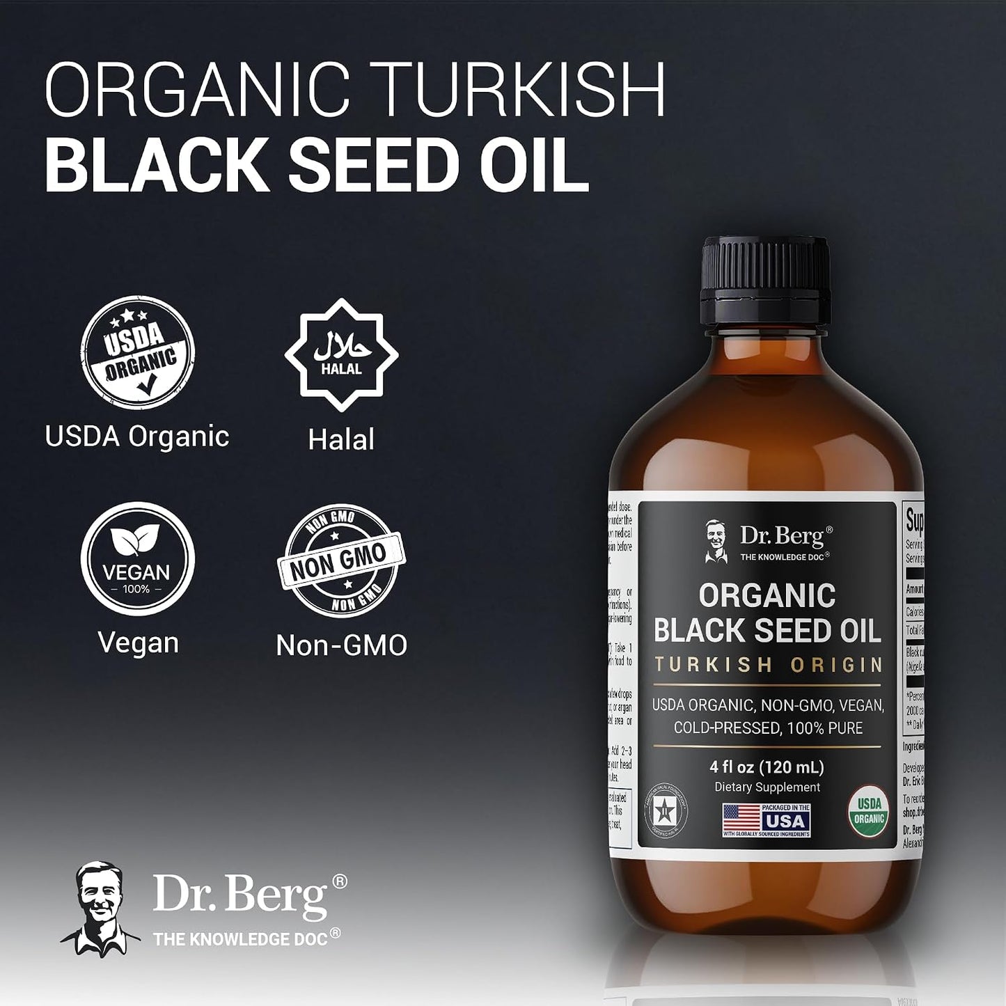 Dr. Berg Black Seed Oil Organic Cold Pressed – Pure Nigella Sativa Black Cumin Oil – USDA Organic, Halal, Vegan – for Hair, Skin, Immune Support – Unrefined Liquid – 4 oz Glass Bottle