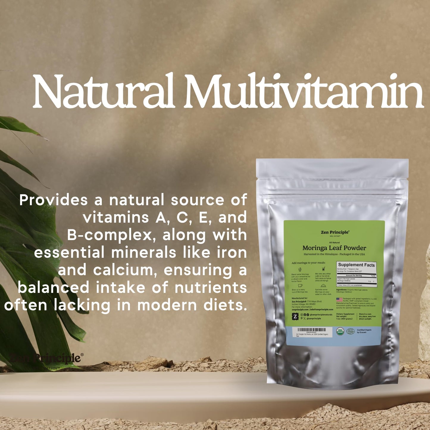 1 lb. Premium Organic Moringa Oleifera Leaf Powder. USDA Certified Organic.