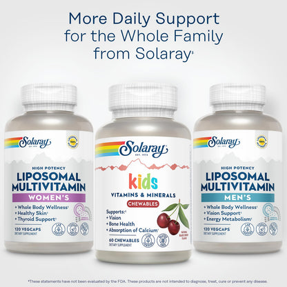 SOLARAY Kid's Vitamins & Minerals, Multivitamin for Kids - Bones, Vision, Heart Health Support w/Vitamin C, Vitamin D and B2, Iron - Gluten Free, 120 Black Cherry Chewables, 60 Servings