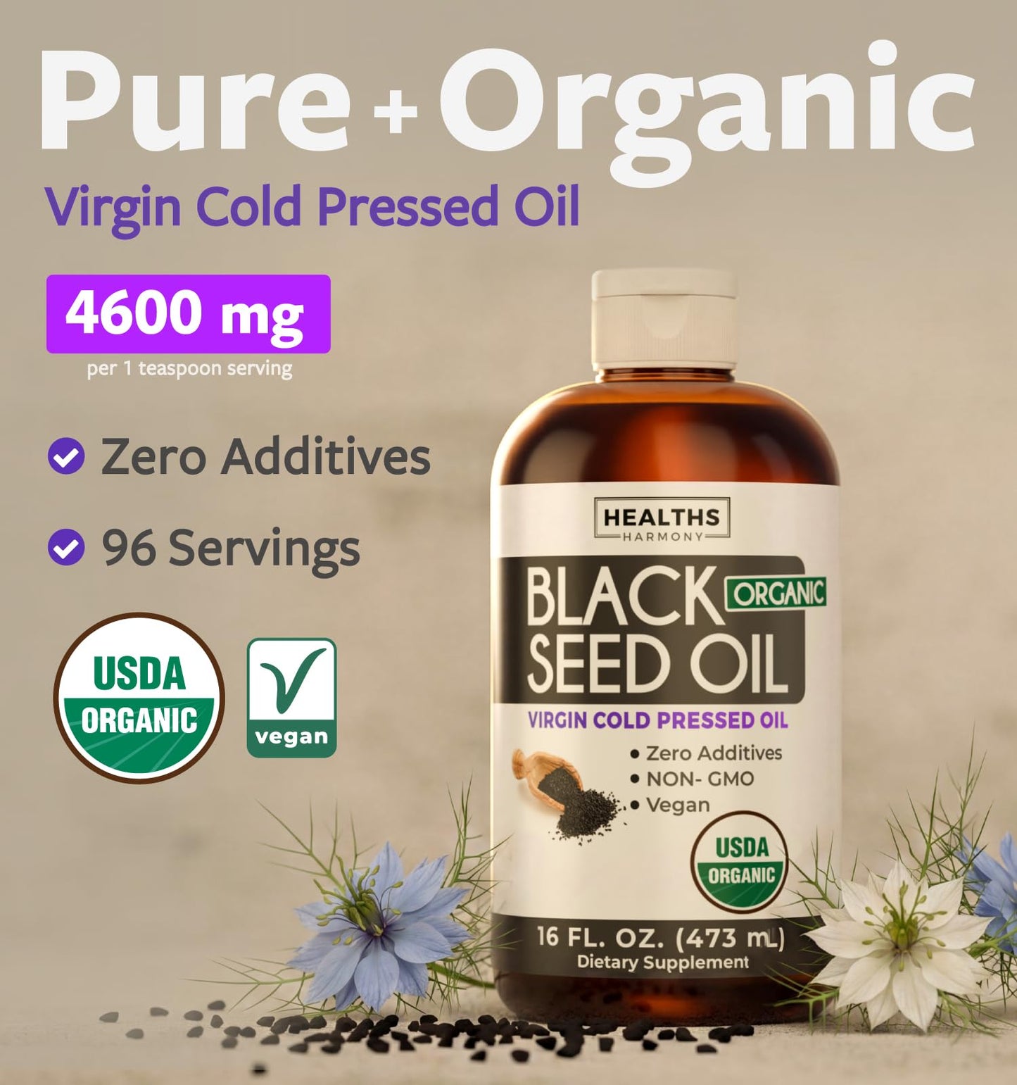 USDA Organic Black Cumin Seed Oil Liquid (8 fl oz) Premium Cold-Pressed Nigella Sativa Producing Pure - Antioxidant Supplement - Vegan, Gluten-Free, & Non-GMO (No Pills or Capsules)