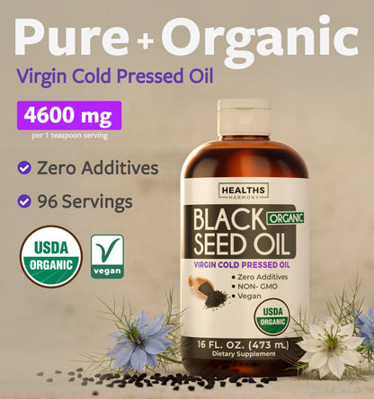 USDA Organic Black Cumin Seed Oil Liquid (8 fl oz) Premium Cold-Pressed Nigella Sativa Producing Pure - Antioxidant Supplement - Vegan, Gluten-Free, & Non-GMO (No Pills or Capsules)