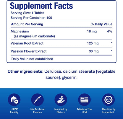 Valerian Root for Sleep and Relaxation - Gentle Magnesium Supplement for Sleep and Mood Support with Passion Flower and Valerian Root Extract - Vegan Non-GMO & Made in the USA - 100 Servings