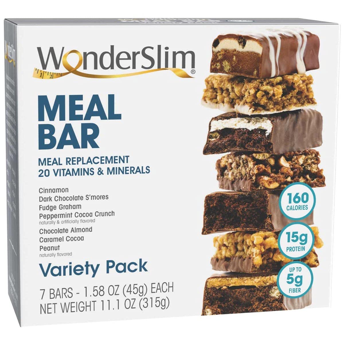 WonderSlim Meal Replacement Protein Bar, Variety Pack, 15g Protein, 20 Vitamins & Minerals