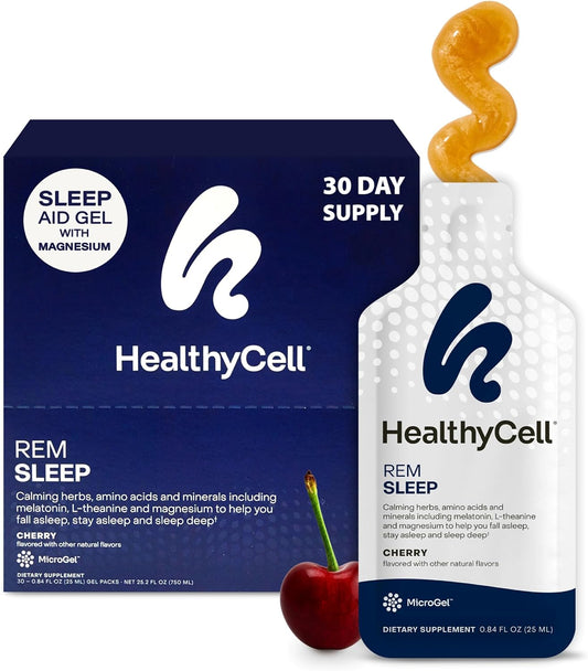 Healthycell REM Sleep Aid Liquid Gel Supplement for Adults - 30 Gel Packs | Extra Strength, Deep Sleep Supplement with Melatonin, Magnesium, L-Theanine, GABA & Natural Calming Herbs - 30 Gel Packs