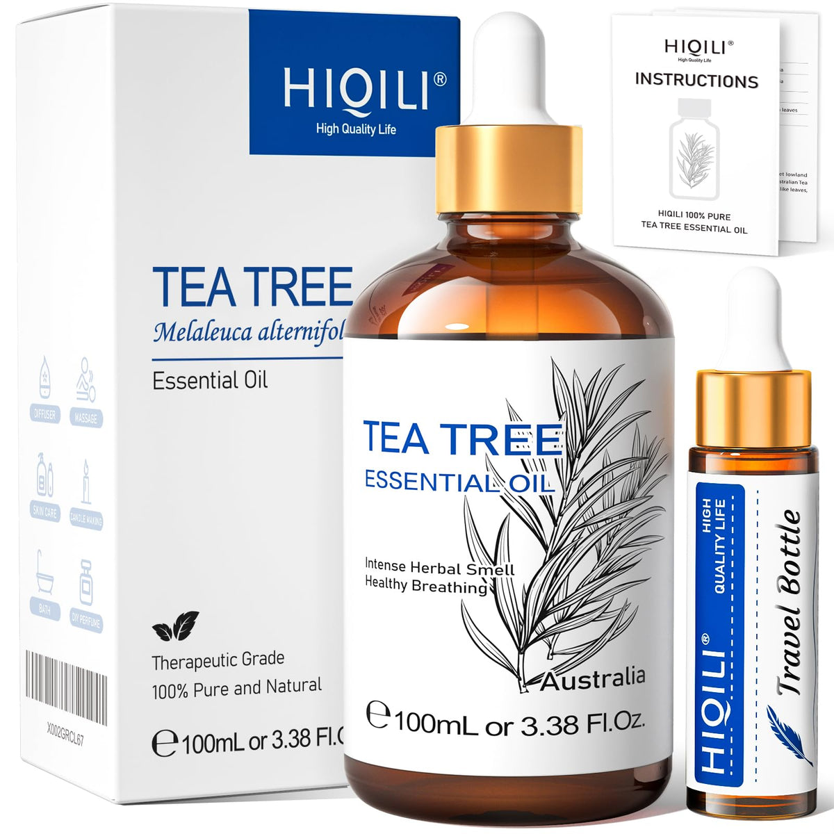HIQILI Tea Tree Essential Oil (100 ML), 100% Pure for Toenail Fungus, Hair Damage