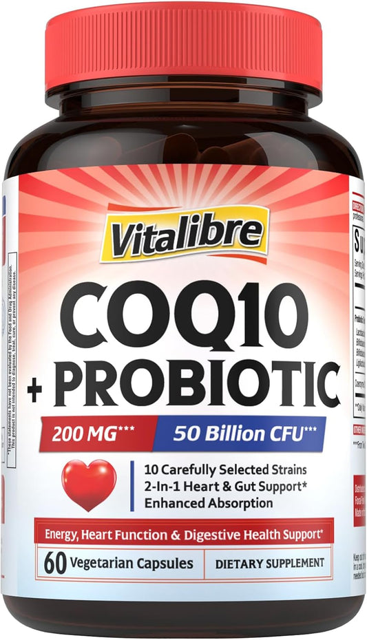 Vitalibre CoQ10 200 mg, with Probiotics for Women & Men, 50 Billion CFU, High Absorption Ubiquinone, Heart & Gut Energy Support, Powerful Antioxidant, Easy to Swallow, 60 Vegan Capsules