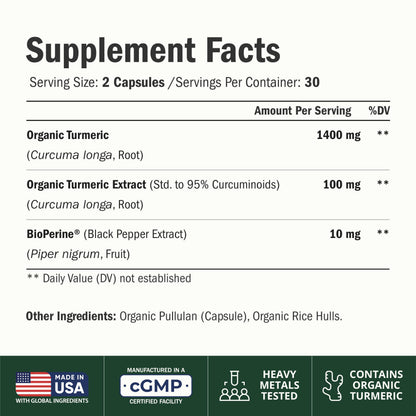 Turmeric Curcumin Supplement – 1200mg Organic Turmeric + BioPerine. 60 Caps