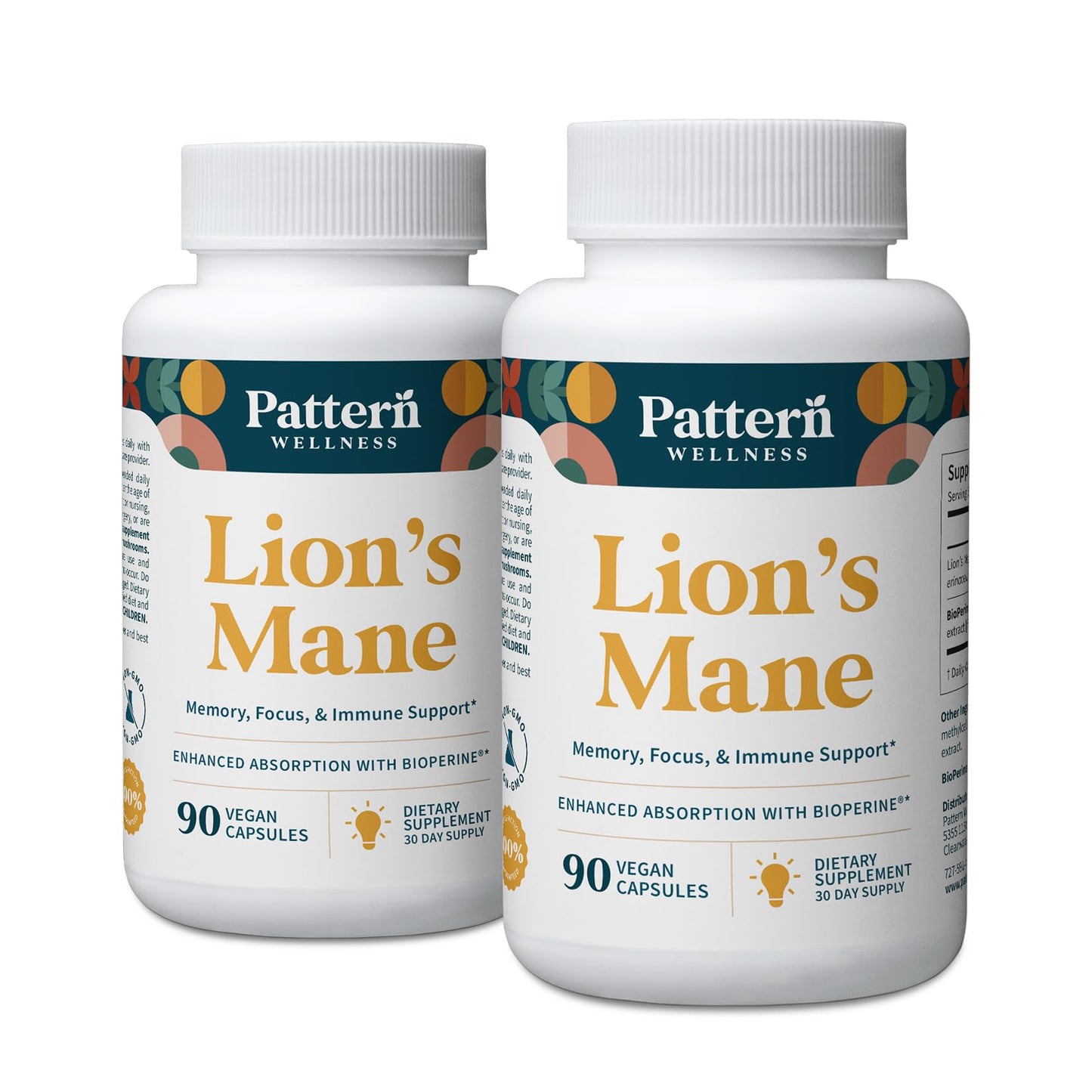Pattern Wellness Lion’s Mane Mushroom Supplement – 90 Vegan Capsules | Supplement Capsules for Cognitive & Focus Support – Enhanced Absorption