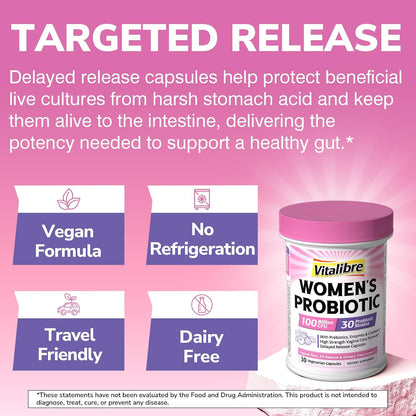 Vitalibre Probiotics for Women 30 Strains, 100B CFUs Vaginal Probiotics | with Digestive Enzymes, Prebiotics & Cranberry for Urinary Tract Health, pH Balance, 30 Veggie Capsules