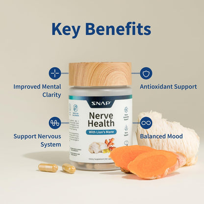 Snap Supplements Nerve Health Support with Lion's Mane, 60 Vegan Capsules | Organic Turmeric Neuropathy Supplement, Supports Mental Clarity, Focus & Healthy Nerve Function, Gluten-Free, Non-GMO