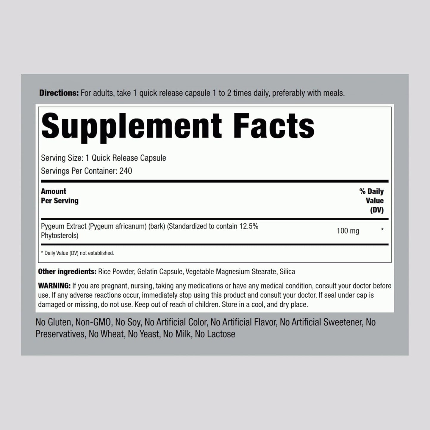 Piping Rock Pygeum | 100mg | 240 Capsules | Supplement for Men & Women | Pygeum Africanum Bark Extract | Ultra Standardized Phytosterols | Non-GMO, Gluten Free