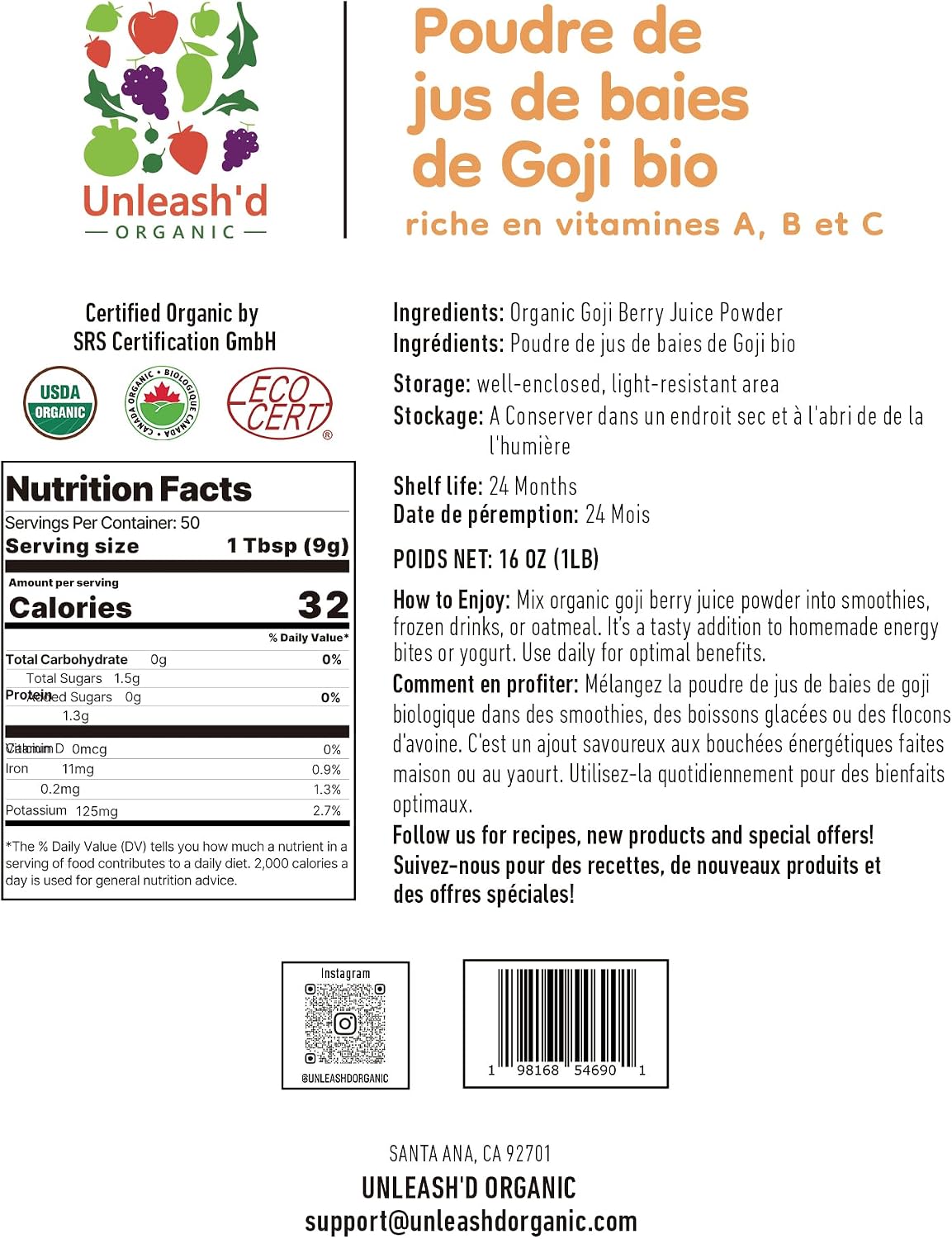 Unleash’d Organic Goji Berry Juice Powder 16 oz – 100% Pure Superfood, Rich in Antioxidants & Vitamins, Natural Nutrient Boost