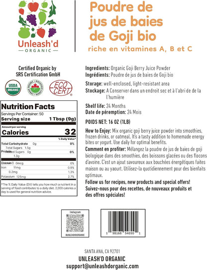 Unleash’d Organic Goji Berry Juice Powder 16 oz – 100% Pure Superfood, Rich in Antioxidants & Vitamins, Natural Nutrient Boost