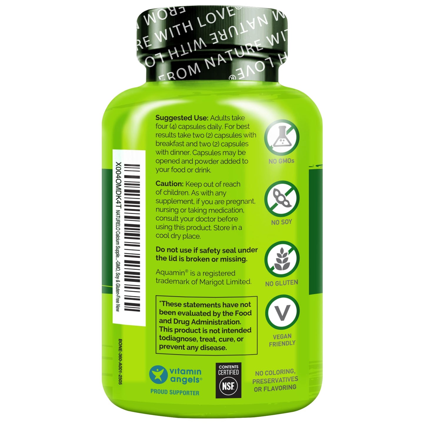 NATURELO Calcium Supplement - with Vitamin C, Vitamin D3, K2, and Calcium Magnesium Zinc for Bone Strength with Calcium 600mg - Plant-Based, 120 Vegetarian Capsules, Non-GMO, Soy & Gluten-Free