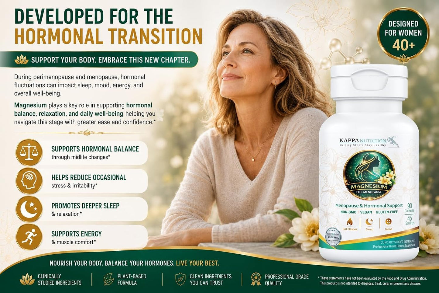 Kappa Nutrition® Magnesium for Menopause | Menopause & Hormonal Support for Women 40+ | Albion® Magnesium Biocomplex | Supports Calm, Sleep & Muscle Relaxation | Vegan | 90 Capsules (45 Servings)
