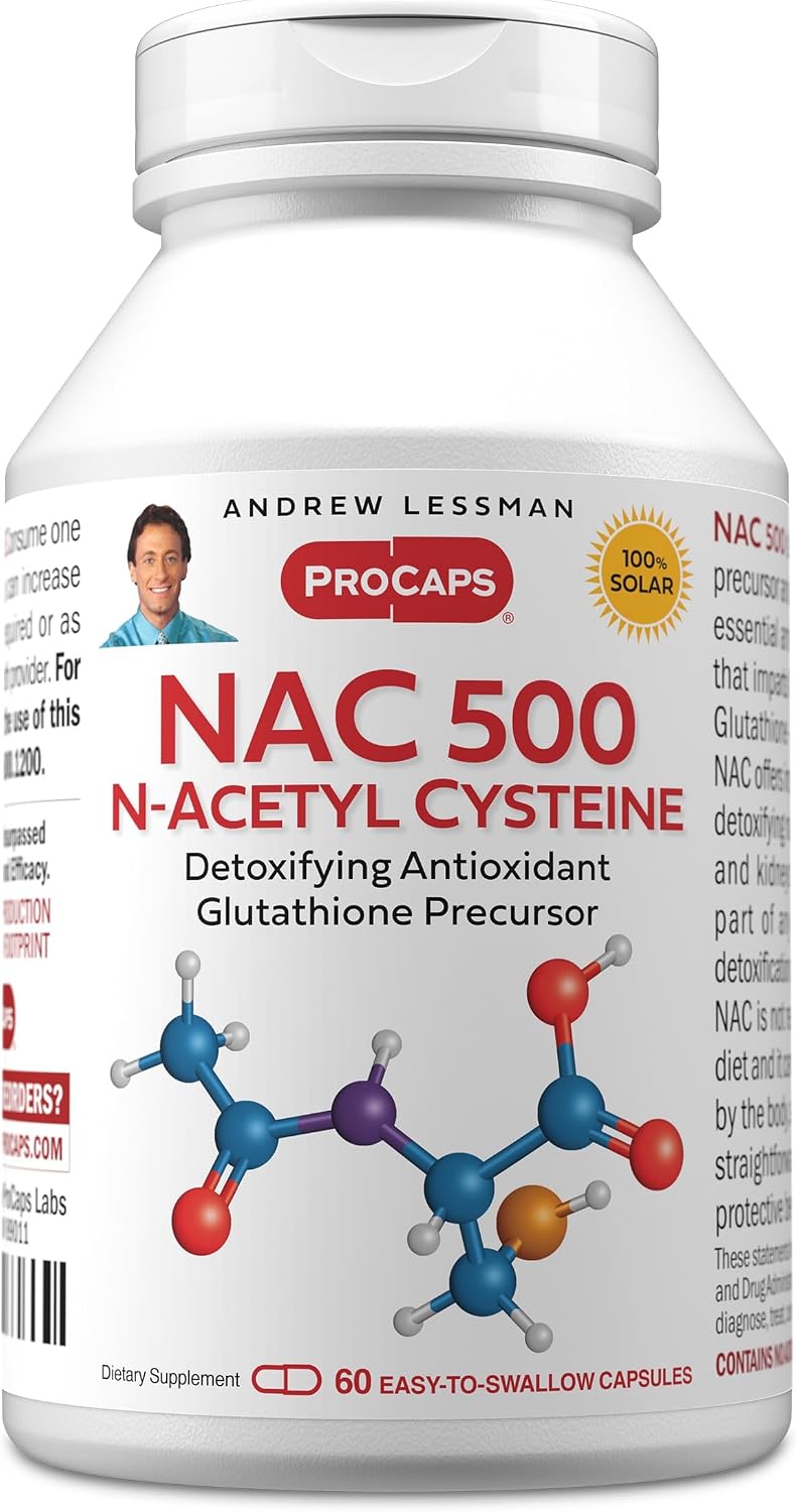 ANDREW LESSMAN ProCaps NAC 500 N-Acetyl Cysteine, 60 Capsules | 500 mg of N-Acetyl Cysteine to support glutathione production, antioxidant defenses and cellular health.